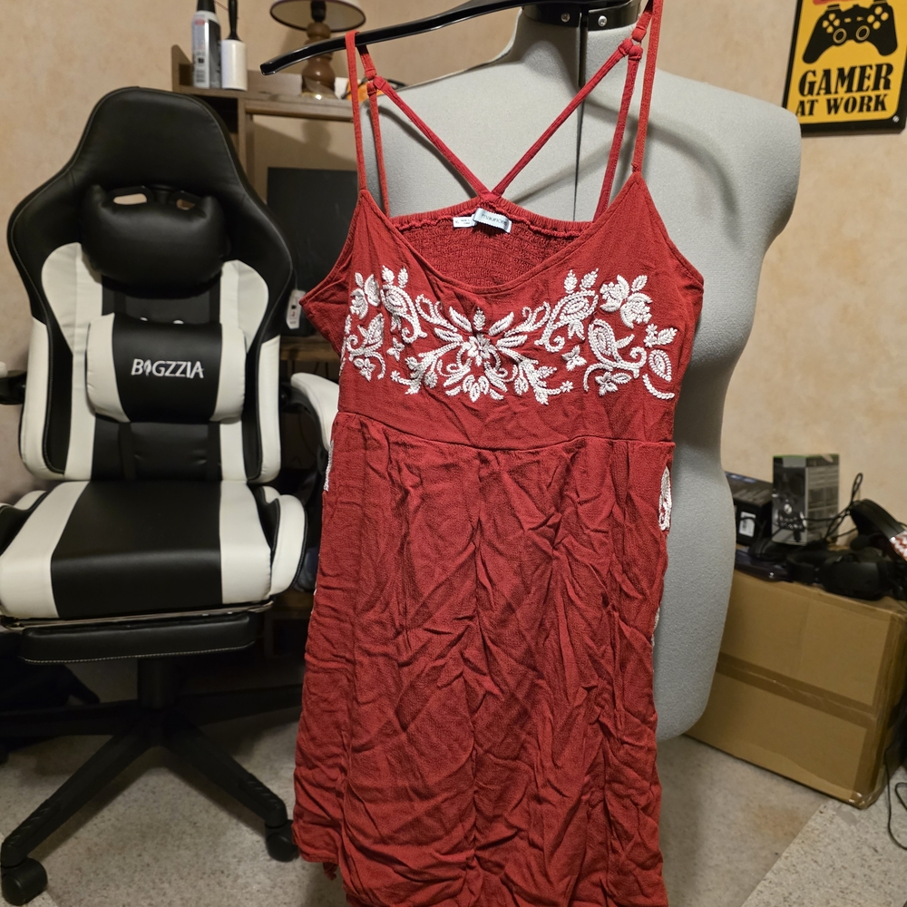 Maurices Red Midi Dress with White Floral Embroidery